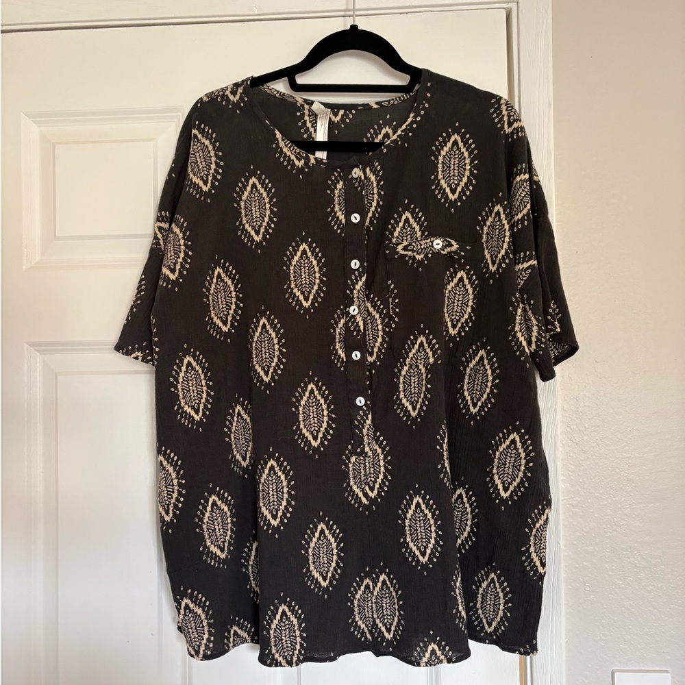 Free People Black and Cream Button Down Shirt
